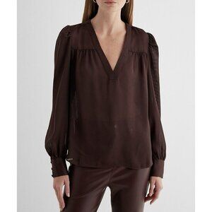 Express Women's Satin Top Size XS Brown Striped V-Neck Cuff Sleeve NWT $58